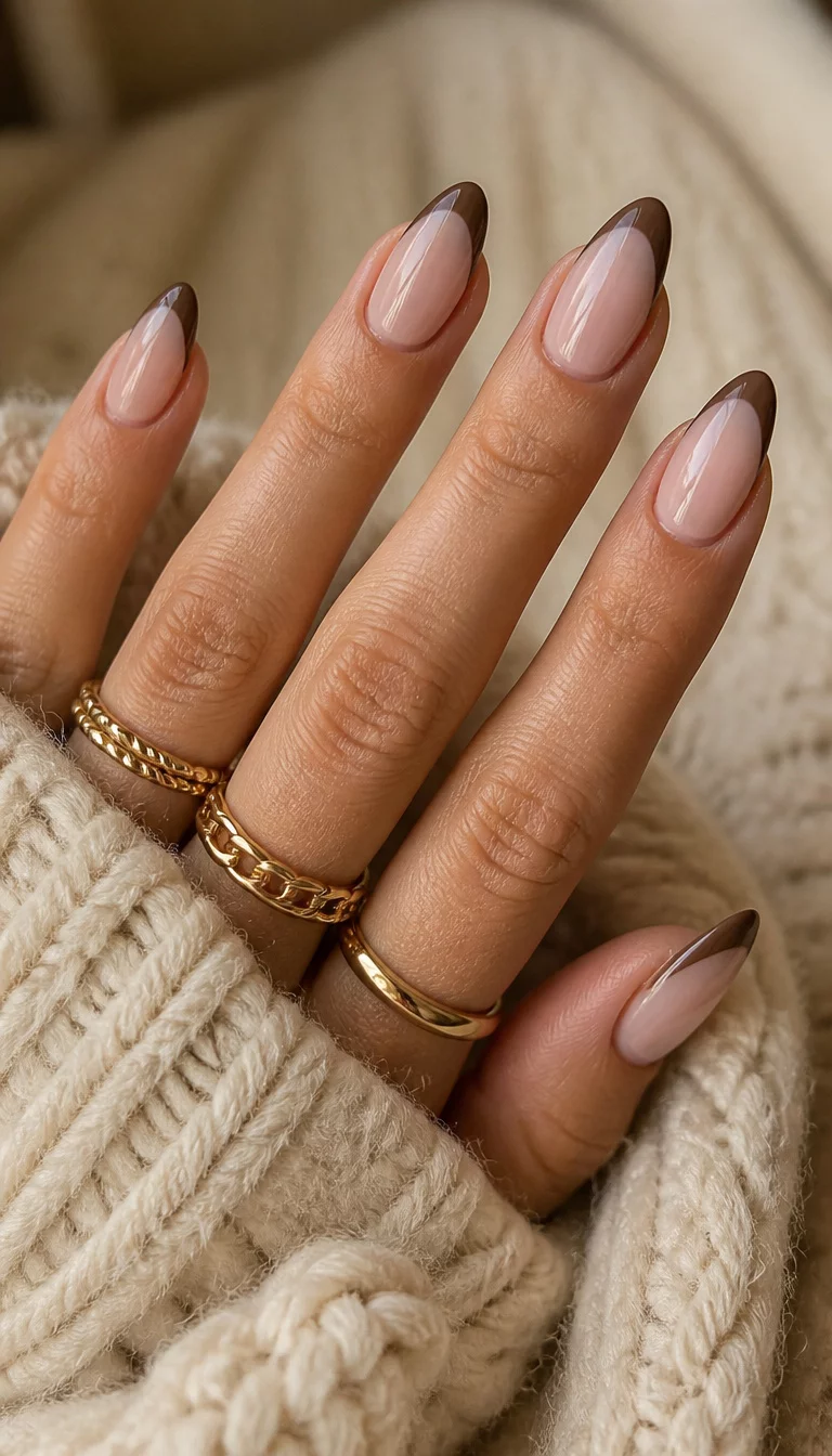 close-up shot of a woman’s hand with five fingers showing long almond-shaped nails with a classic French tip design using brown polish, gold rings and a cozy knit background.