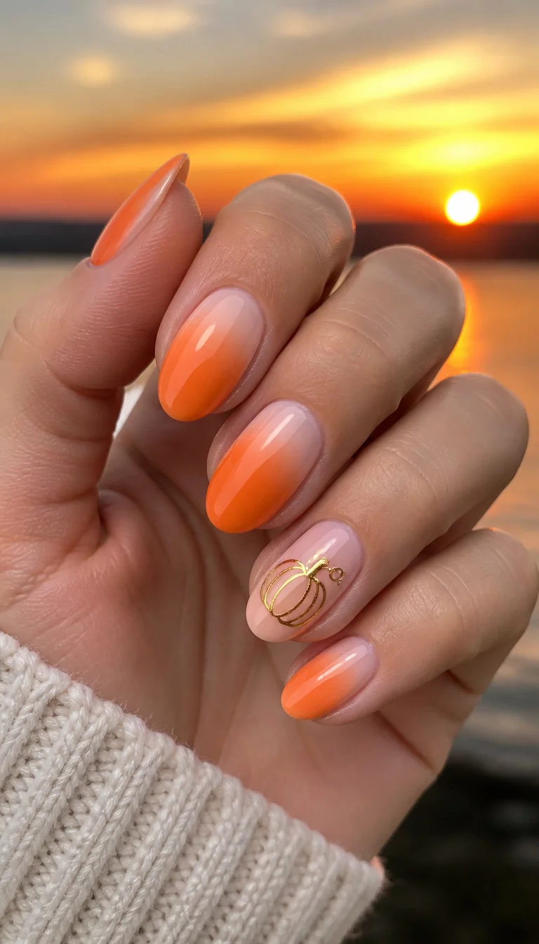 close-up shot of a woman’s hand with five fingers showing oval nails with an orange ombre effect and one accent nail with a gold pumpkin decal on a pale pink base, sunset background.