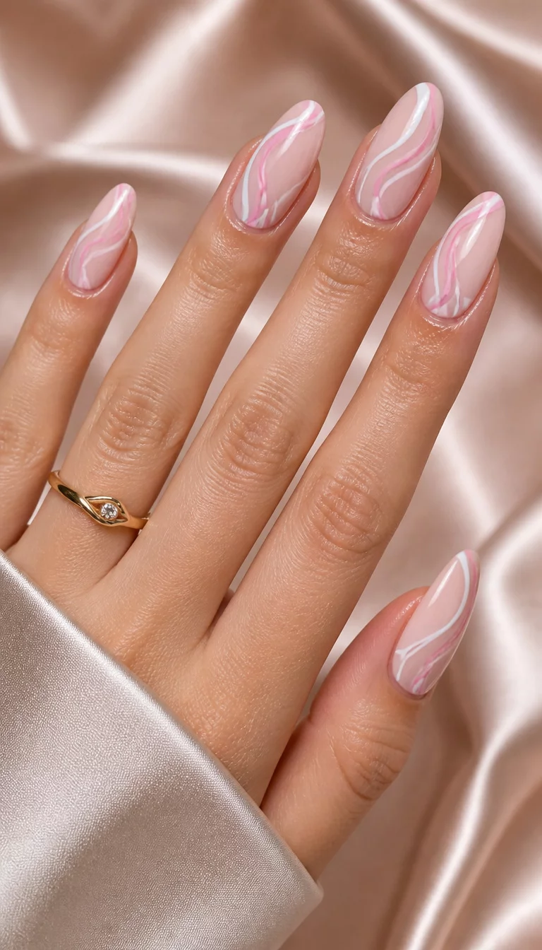 close-up shot of a woman’s hand with five fingers showing almond-shaped nails with a light pink base and swirling abstract designs in white and pink, silk fabric background.