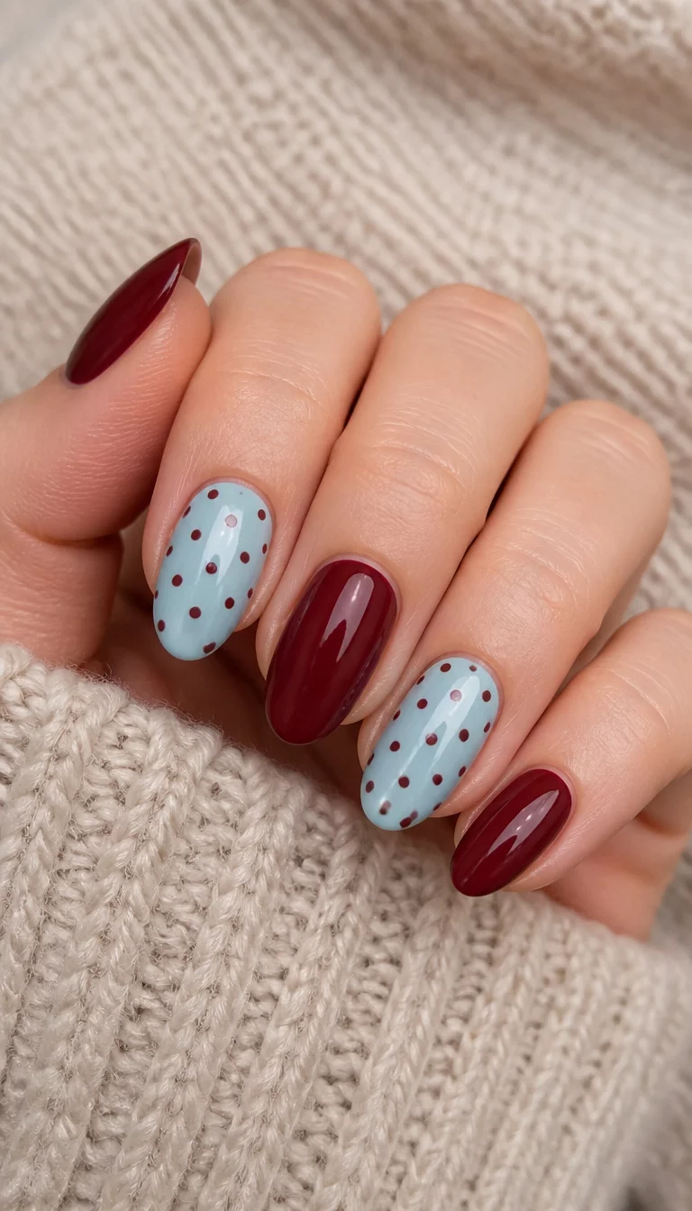 close-up shot of a woman’s hand with five fingers showing medium length almond-shaped nails with a mix of burgundy and light blue polka dots, neutral knit background.