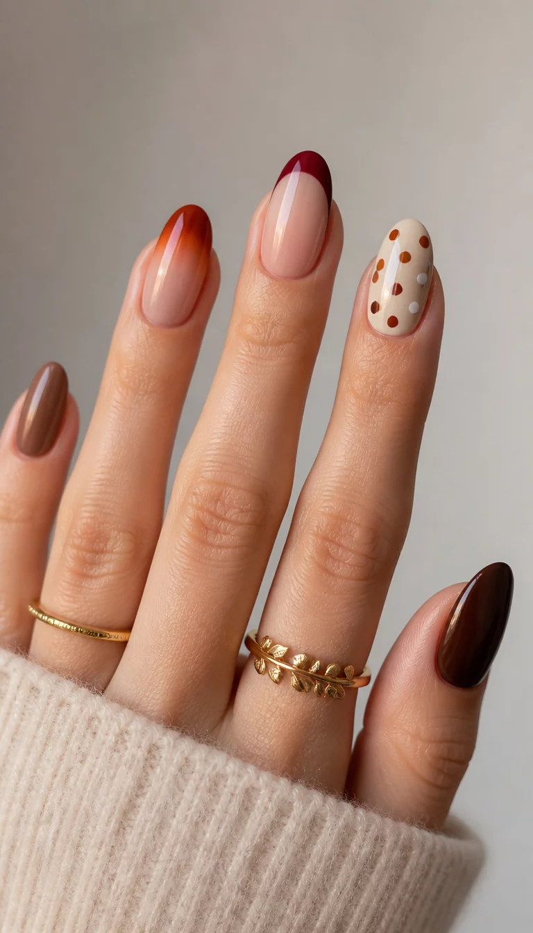 close-up shot of a woman’s hand with five fingers showing various fall nail designs including ombre, French tips with fall colors, polka dots, and monochromatic brown tones, soft neutral background.