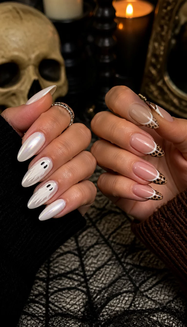 close-up shot of two sets of nails, the left with pearlescent white almond-shaped nails and ghost designs, the right with French tip nails featuring brown animal print accents, spooky chic background.