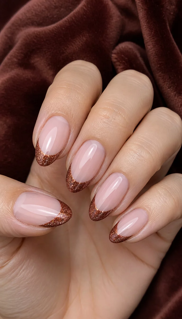 close-up shot of a woman’s hand with five fingers showing almond-shaped nails with a French tip design using reddish-brown glitter polish and a pale pink base, velvet background.