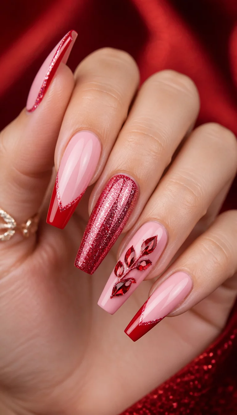 close-up shot of a woman’s hand with five fingers showing long coffin-shaped nails with pink and red color-blocking, glitter accents, and a red leaf embellishment, glamourous red background.