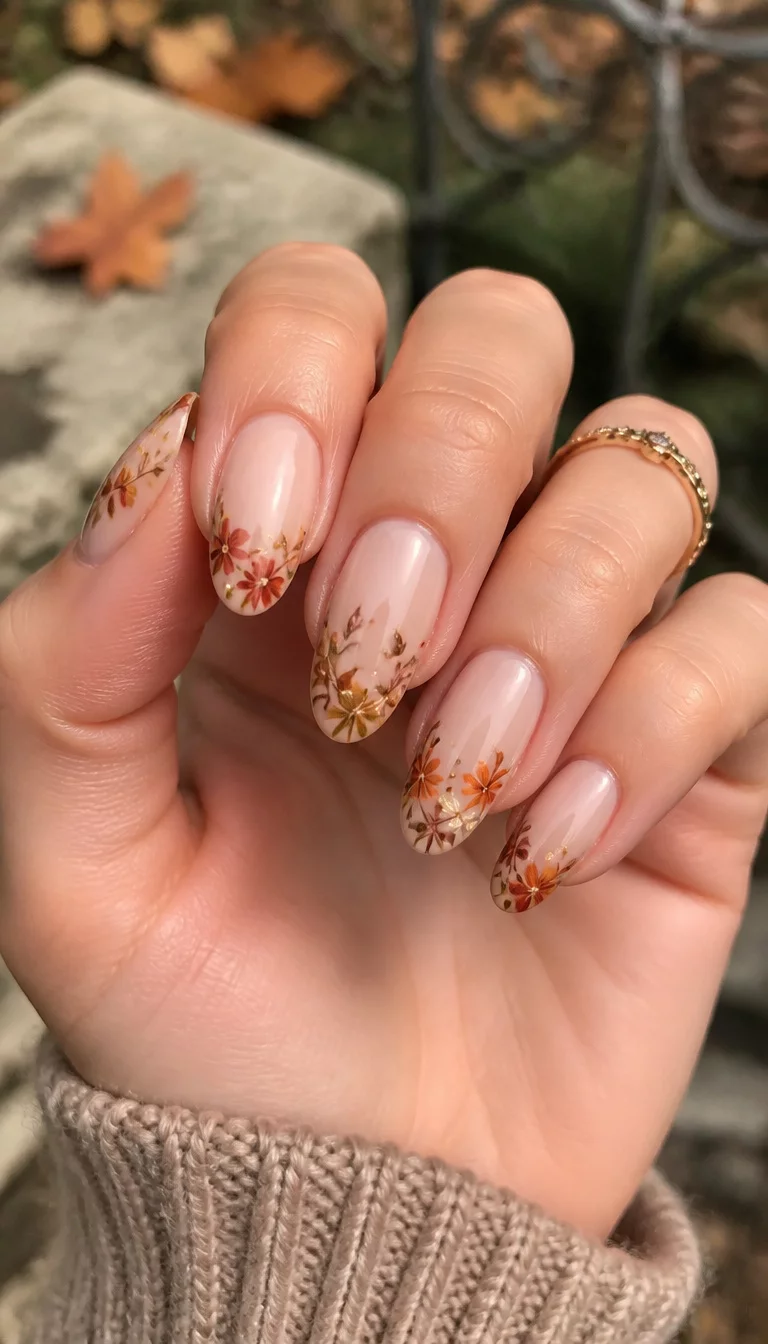 close-up shot of a woman’s hand with five fingers showing almond-shaped nails with a neutral base and delicate floral details in fall colors on the tips, elegant outdoor setting.