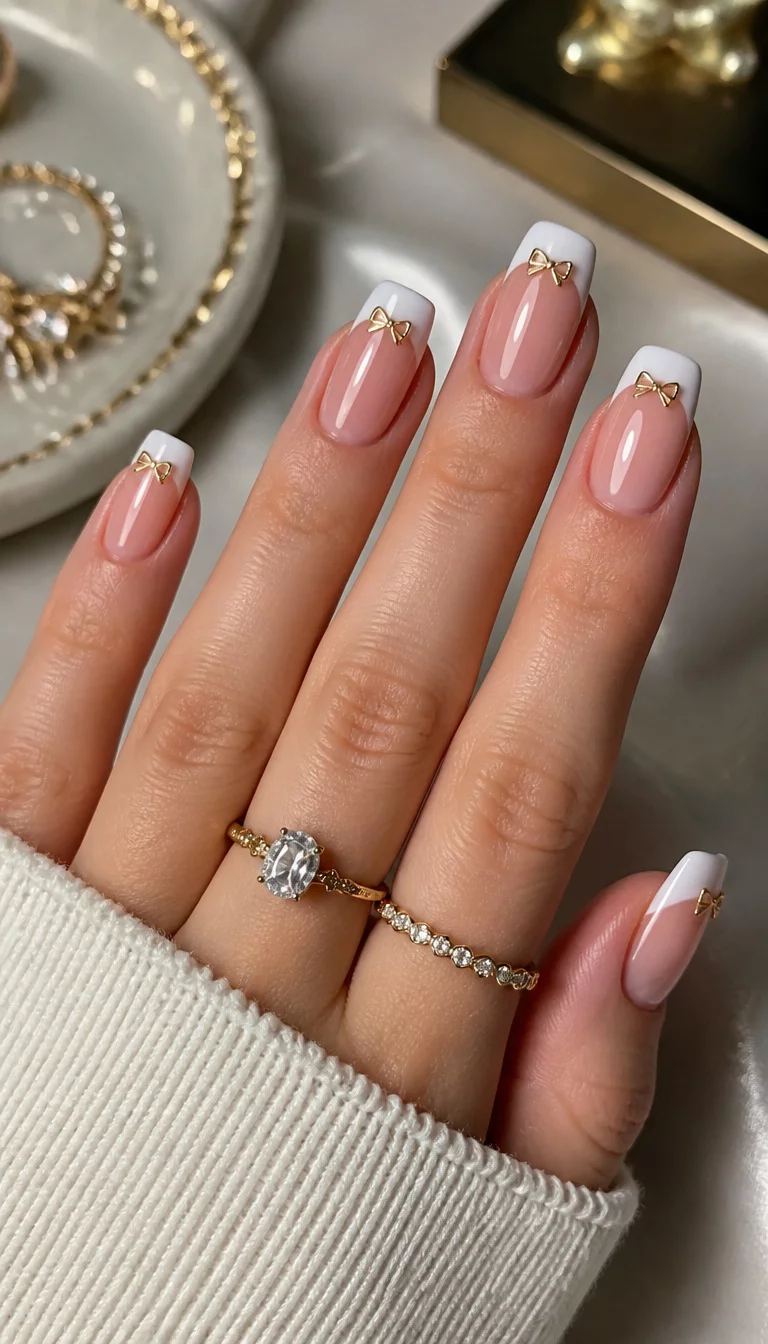 close-up shot of a woman’s hand with five fingers showing medium length nails with a classic white French tip design accented by tiny gold bows, elegant jewelry background.
