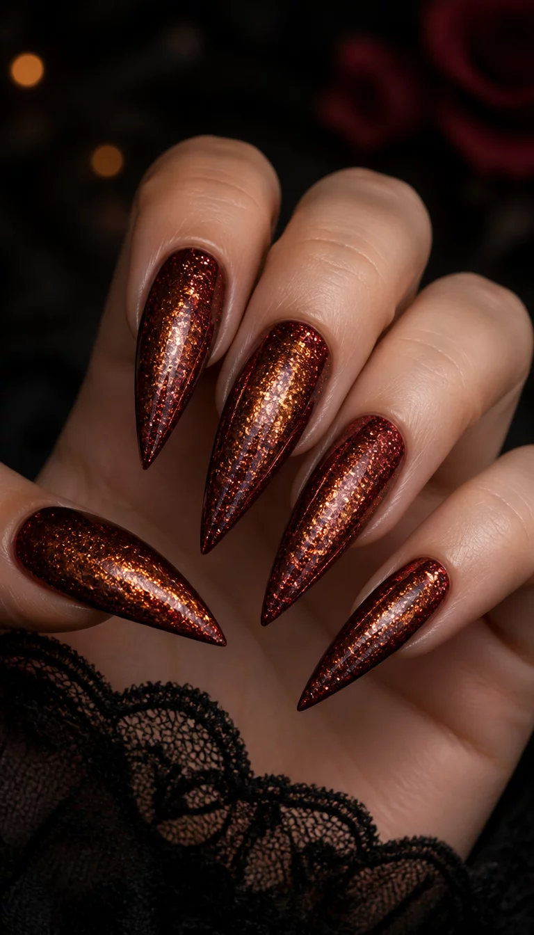 close-up shot of a woman’s hand with five fingers showing sharp stiletto-shaped nails covered in rich shimmering bronze and deep red glitter polish, dark moody background.