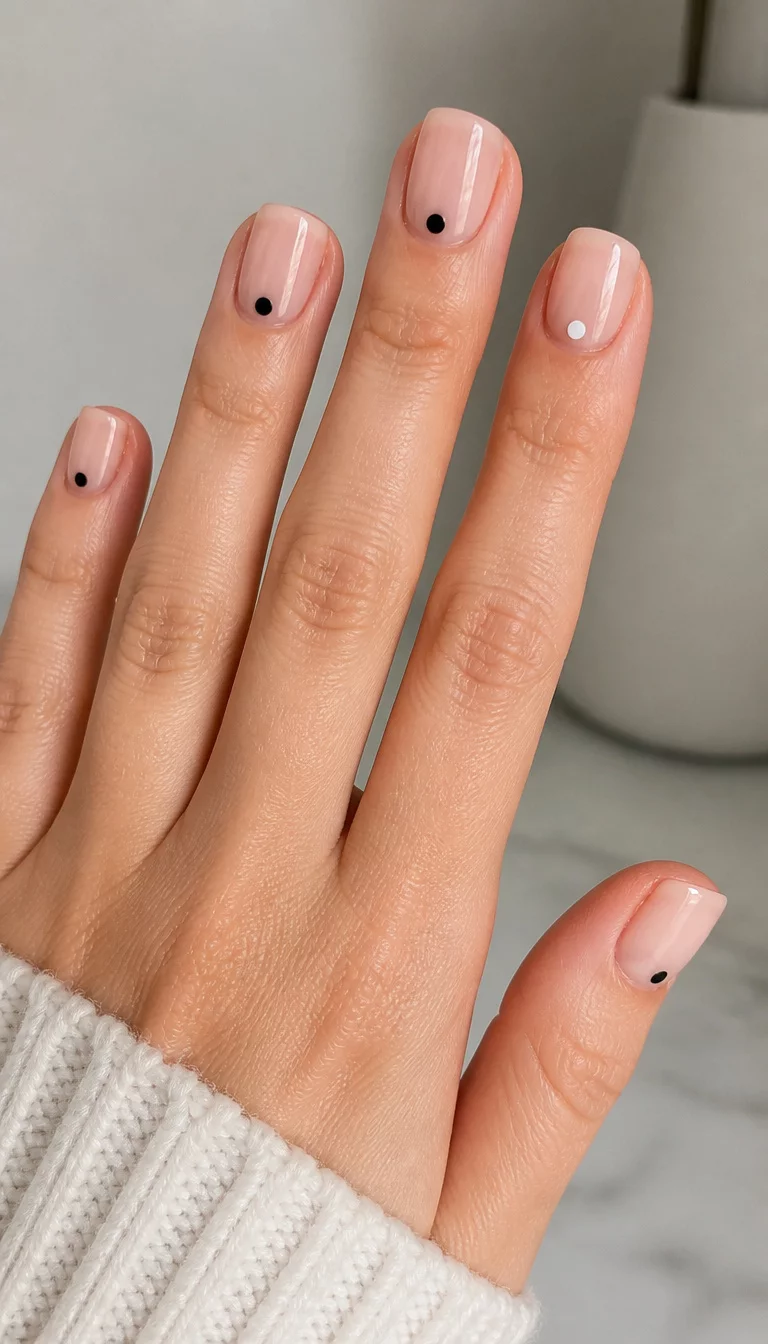 close-up shot of a woman’s hand with five fingers showing short square nails with a sheer neutral polish and a single black or white dot near the cuticle, minimalist modern background.