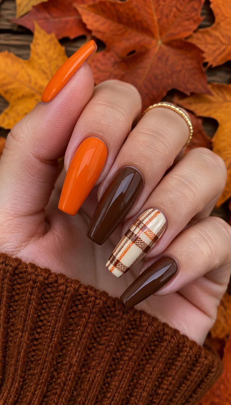 close-up shot of a woman’s hand with five fingers showing coffin-shaped nails in vibrant orange and rich brown with a brown and white plaid accent nail, autumn leaf background.