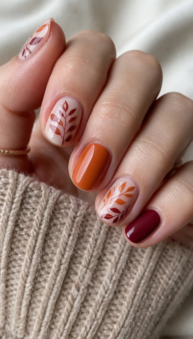 close-up shot of a woman’s hand with five fingers showing short oval nails with a neutral base, delicate painted leaves in orange and burgundy, one solid orange nail, one deep burgundy nail, soft natural light.