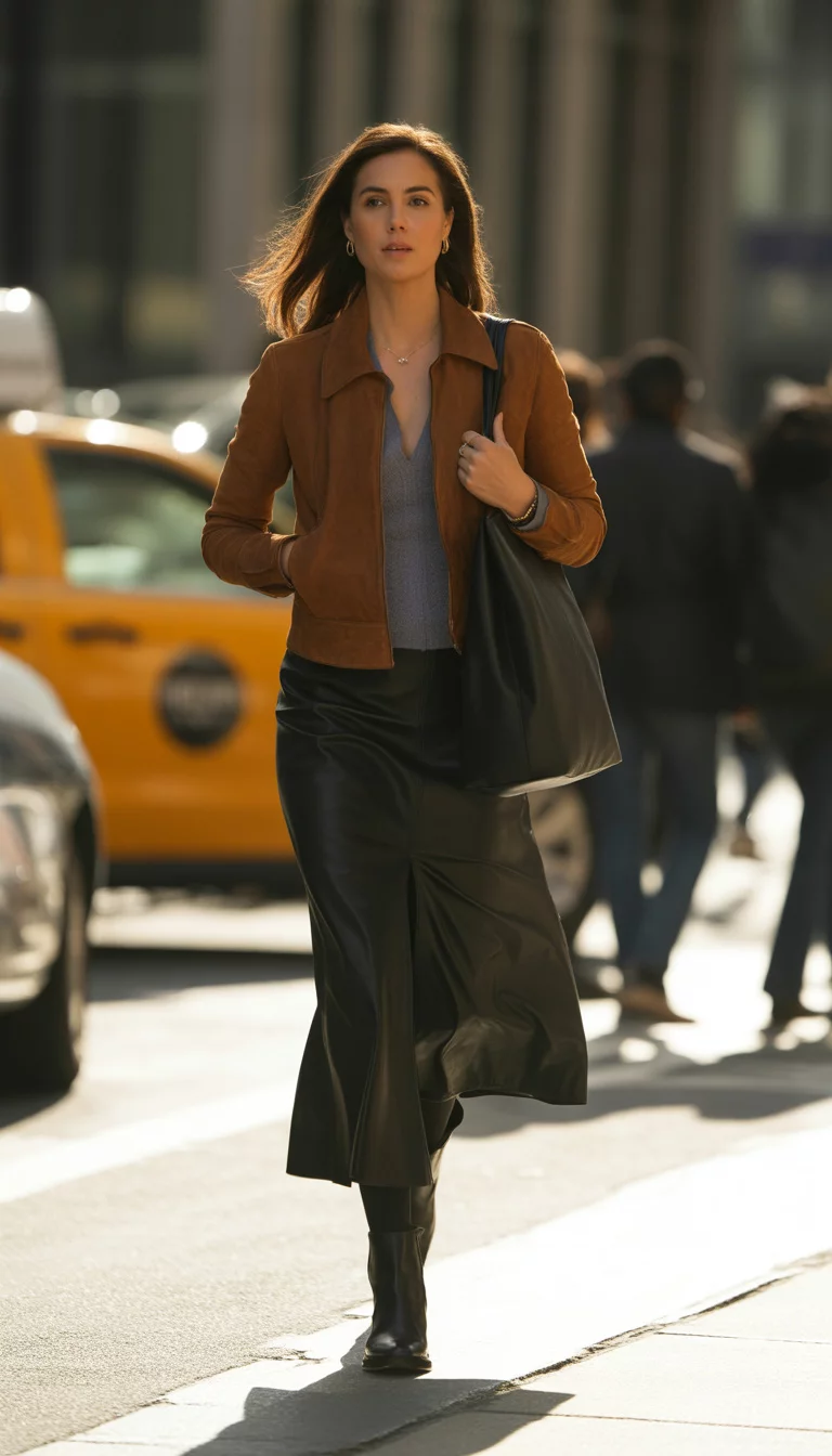 A beautiful 35-year-old woman in a brown suede jacket, gray top, black midi skirt, black boots, and a large black leather tote, walking down a city sidewalk.