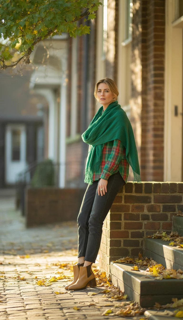 A beautiful 39-year-old woman in a green and red plaid shirt, dark wash jeans, a large green scarf, and tan ankle boots, standing on the steps of a brick building.