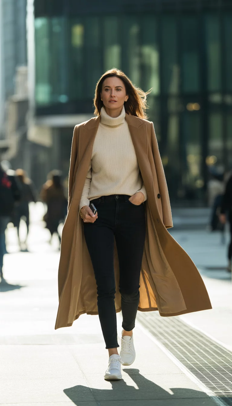 A beautiful 38-year-old woman in a long camel coat, cream turtleneck sweater, black skinny jeans, and white sneakers, walking confidently on a modern city street.