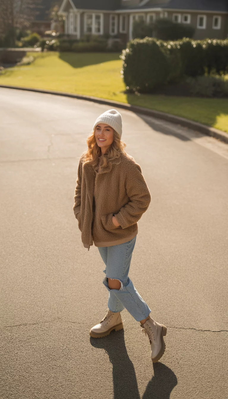 A beautiful 24-year-old woman in a fluffy brown jacket, light blue ripped jeans, beige combat boots, and a white beanie, posing in a suburban driveway.