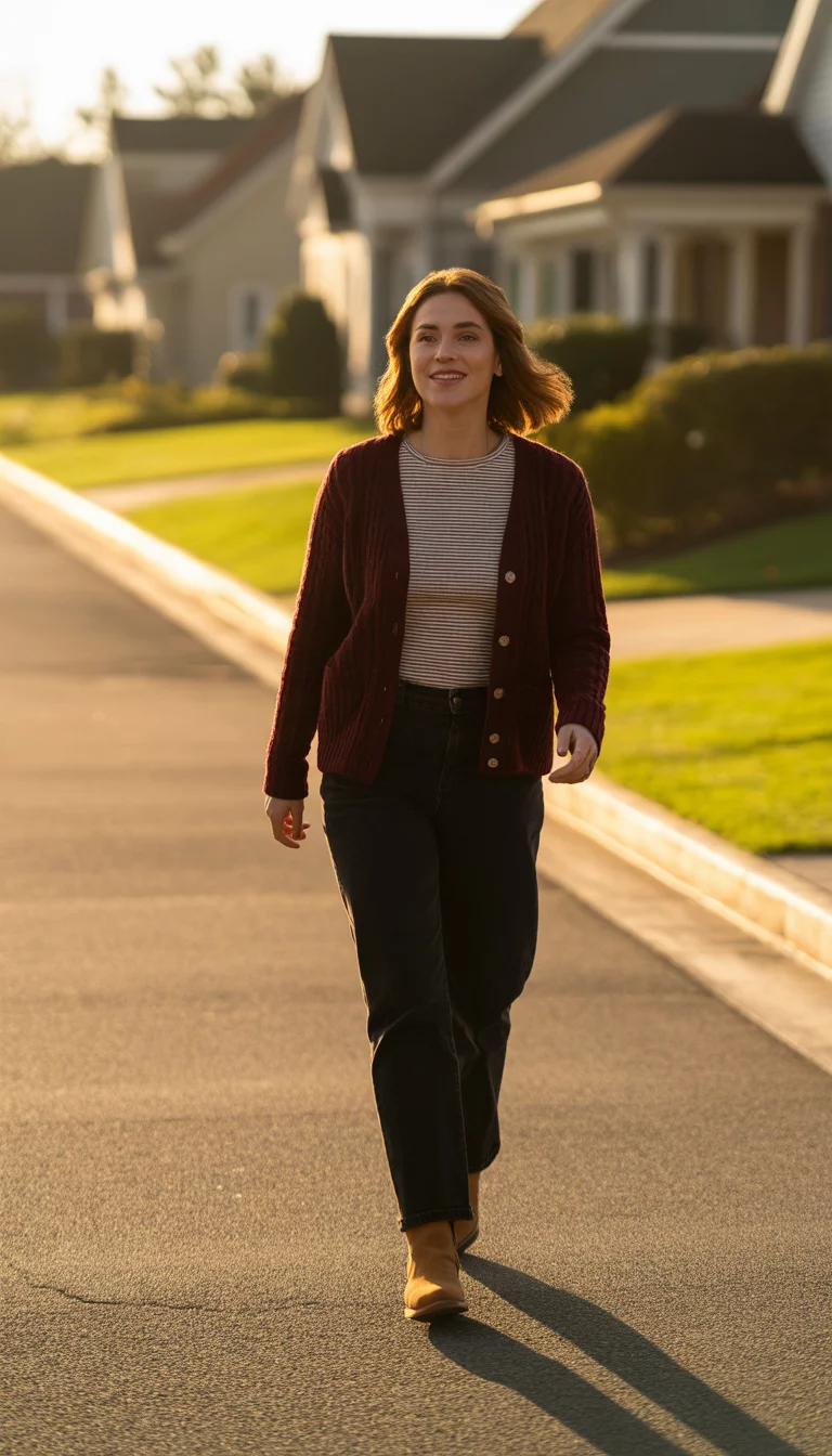 A beautiful 28-year-old woman in a burgundy cardigan, striped shirt, black pants, and tan booties, walking down a suburban sidewalk as the sun sets.