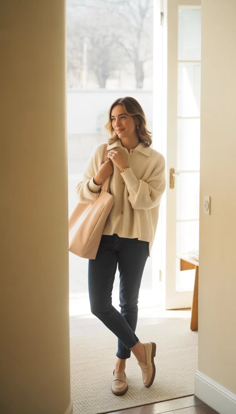 A beautiful 30-year-old woman in a creamy button-up sweater, dark wash skinny jeans, beige loafers, and a large blush tote bag, standing in a brightly lit hallway.