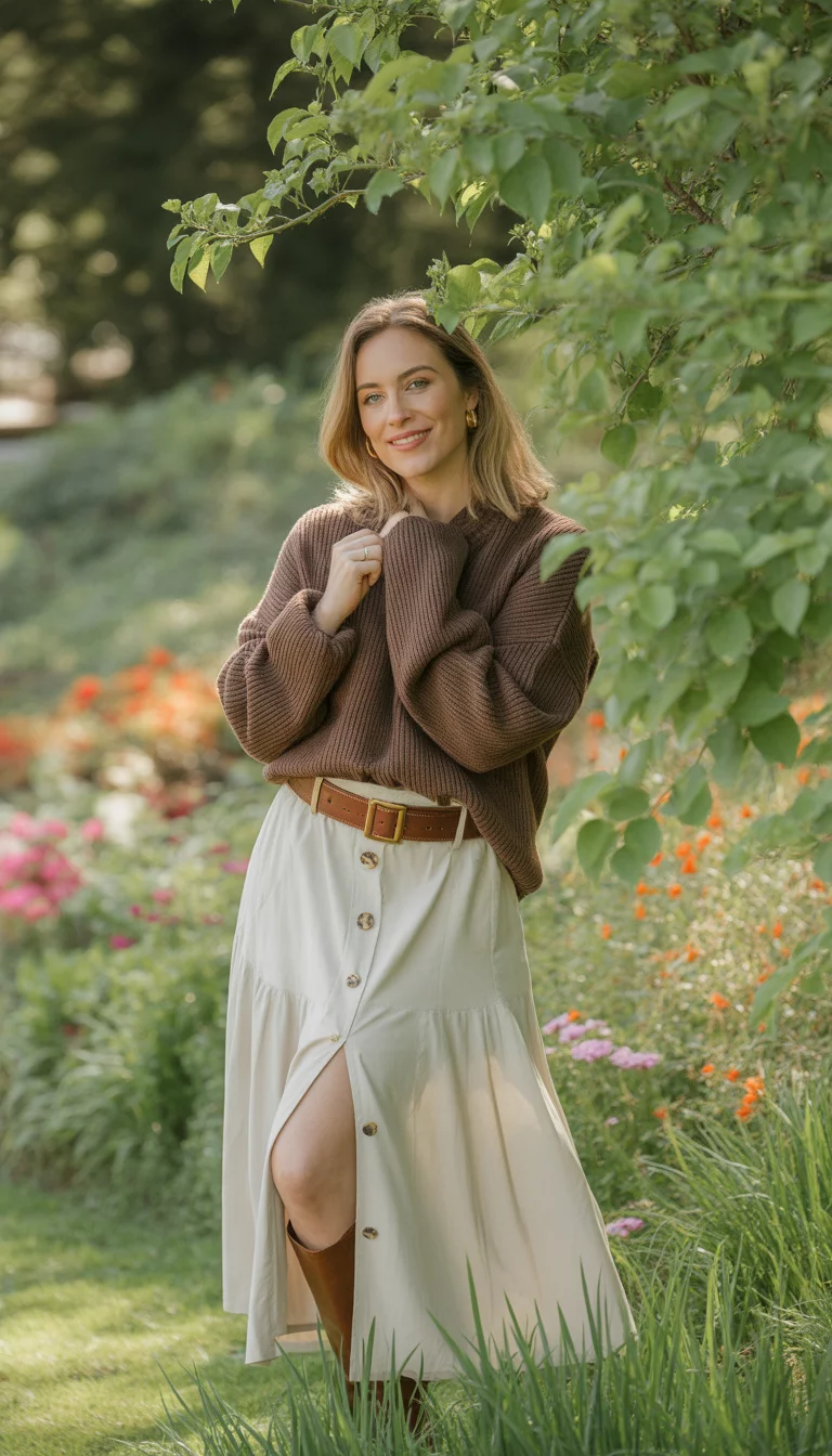 A beautiful 30-year-old woman in a chunky knit brown sweater, white slit skirt with buttons, brown belt bag, and tall brown boots, posing in an outdoor garden.