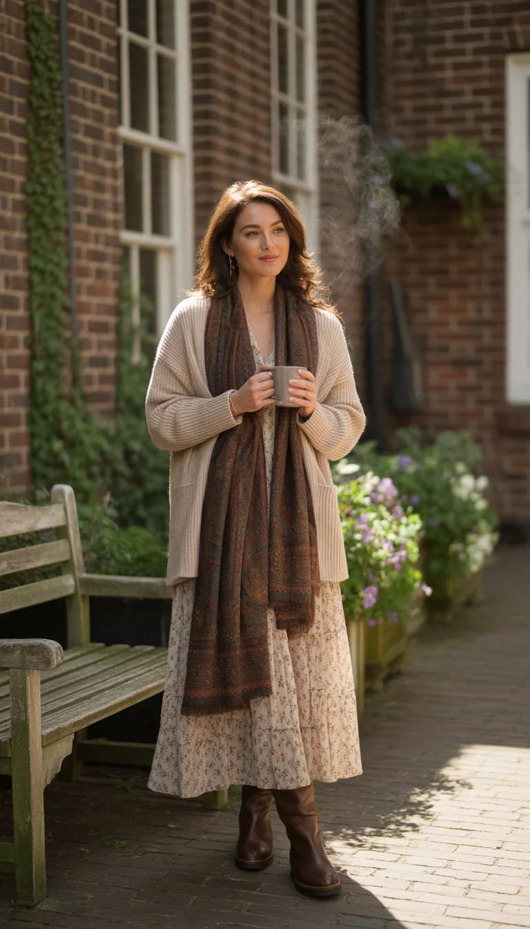 A beautiful 33-year-old woman in a beige cardigan, floral dress, long wool scarf, and brown leather boots, standing in a charming brick courtyard.