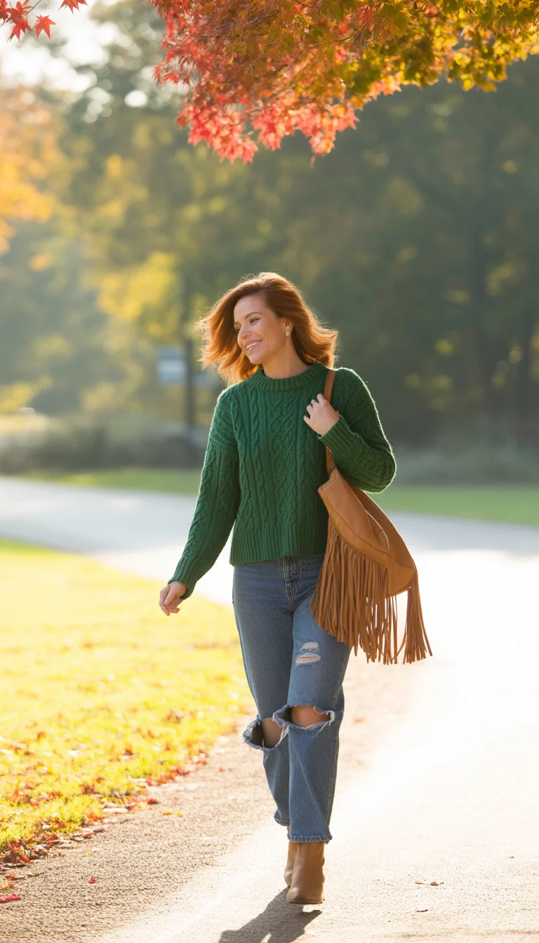 A beautiful 31-year-old woman in a green cable-knit sweater, ripped blue jeans, tan ankle boots, and she carries a tan fringed leather bag, walking through a park.