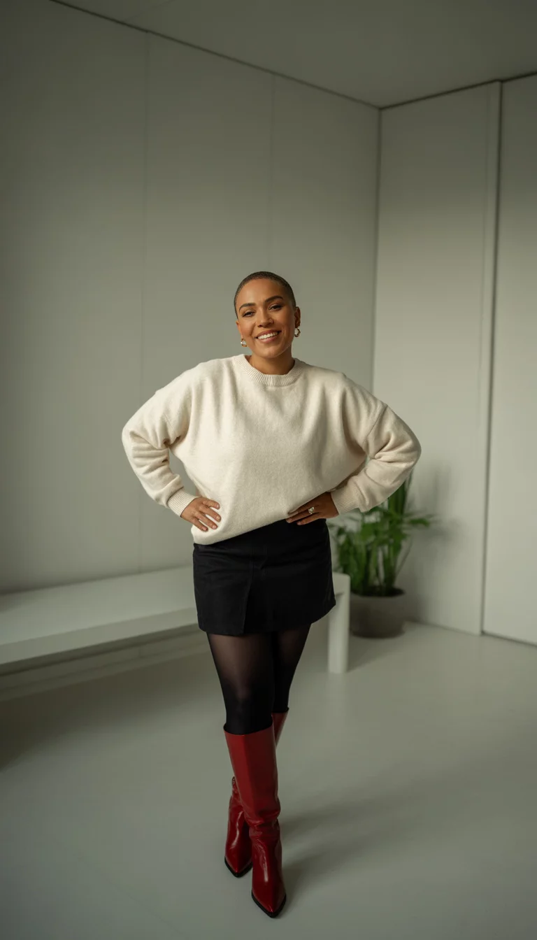 A beautiful 33-year-old woman in a cream oversized sweater, black mini skirt, black tights, and red knee-high boots, posing in a modern white-walled room.