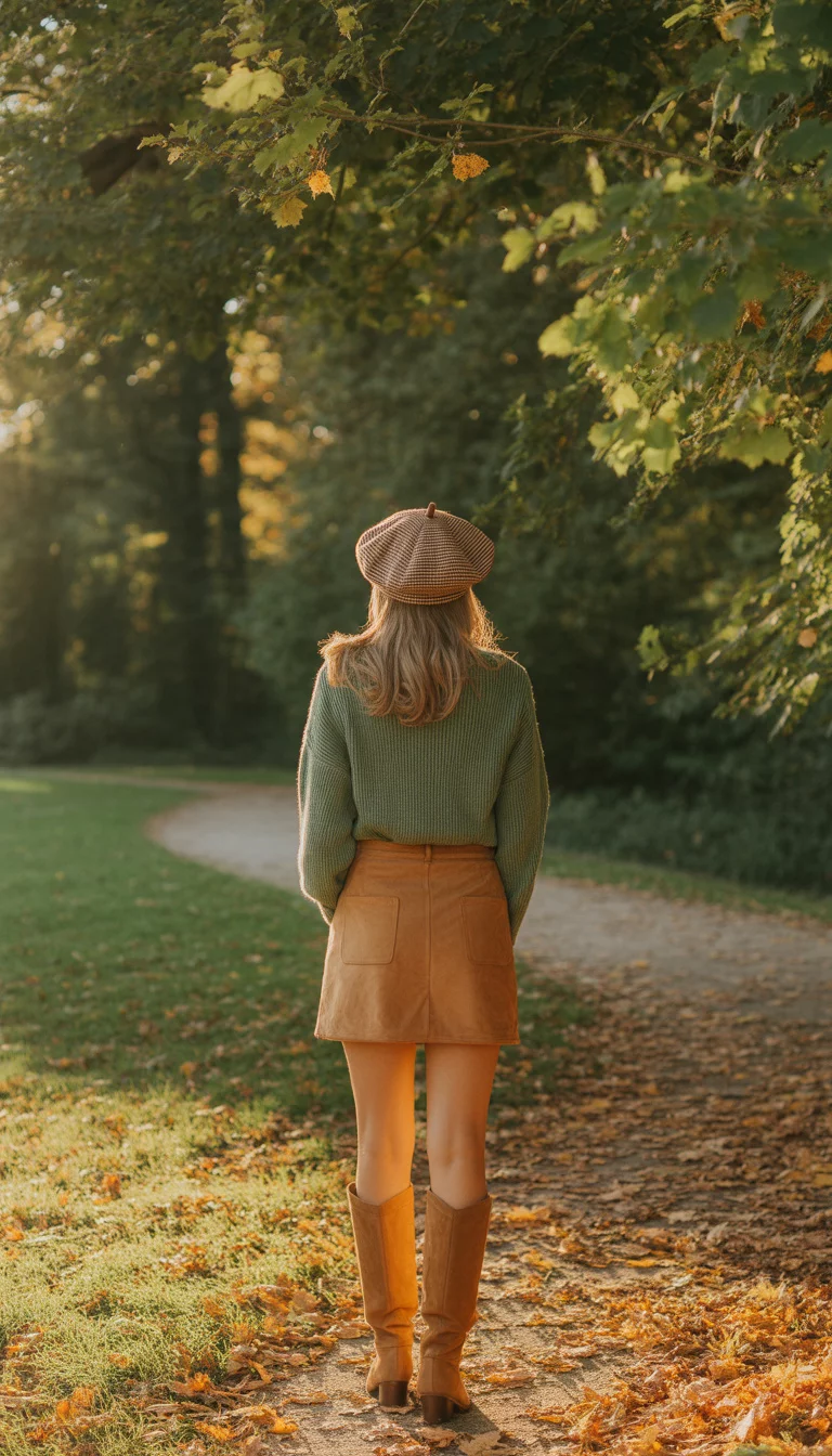 A beautiful 26-year-old woman in a neutral-checked beret, green ribbed sweater, tan suede mini skirt, and matching tan knee-high boots, seen from behind in a park.