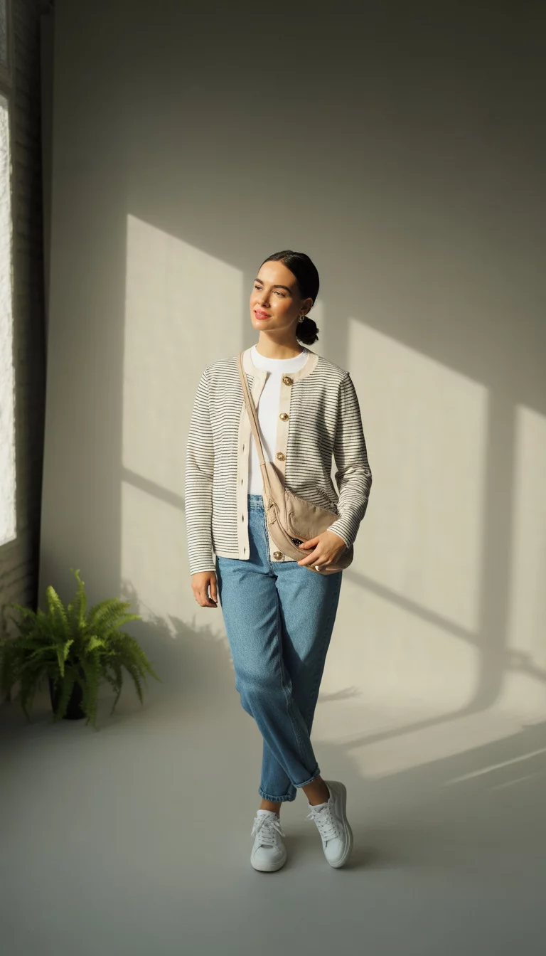A beautiful 27-year-old woman in a striped cardigan with gold buttons, white top, blue jeans, white sneakers, and a beige crossbody bag, standing in a sunlit studio.