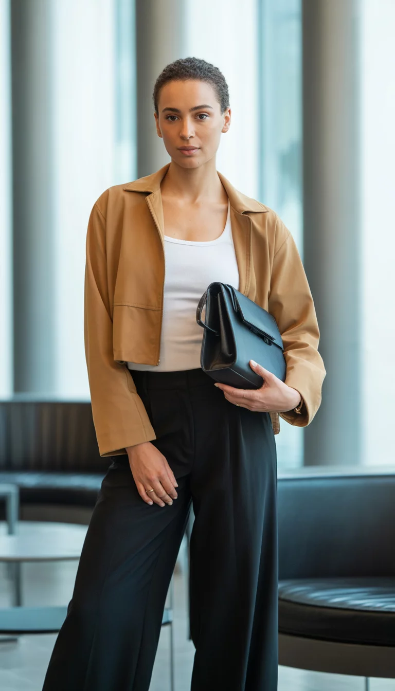 A beautiful 26-year-old woman in a camel-colored cropped jacket, white tank top, wide-leg black pants, and a black structured handbag, posing in a modern office lobby.