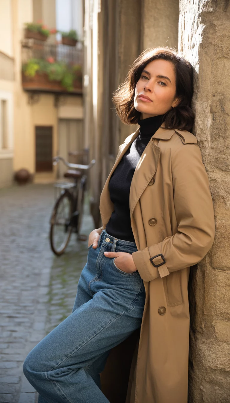 A beautiful 36-year-old woman in a tan trench coat, black turtleneck sweater, and blue button-fly jeans, leaning against an old stone wall in a European city.