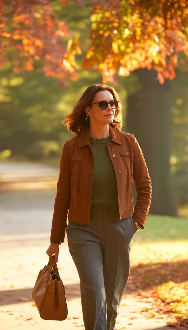A beautiful 42-year-old woman in a brown suede jacket, olive green sweater, grey pants, sunglasses, and a tan leather handbag, walking through a park with autumn leaves.