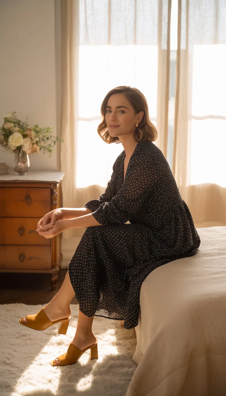 A beautiful 37-year-old woman in a black polka dot dress with bell sleeves and tan heeled mules, posing in a cozy bedroom with natural light.