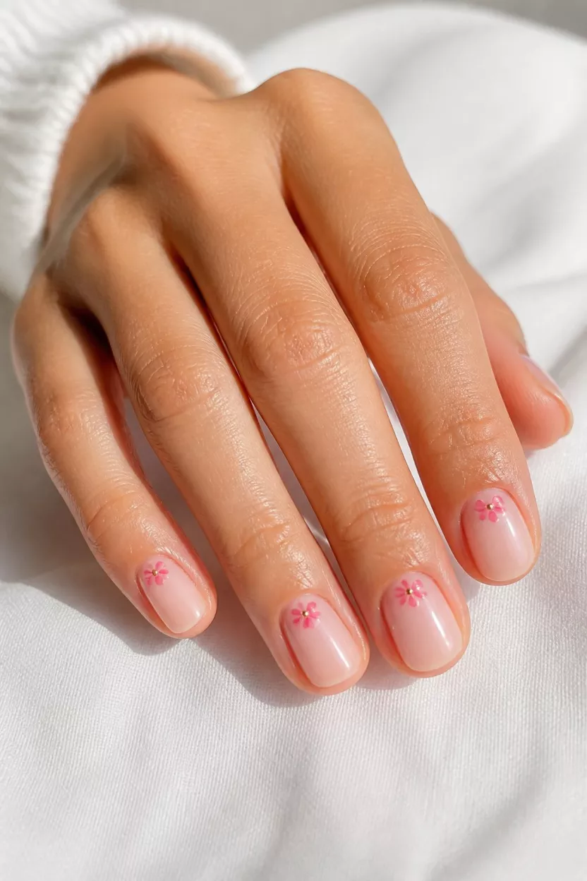 Simple Pink Cuticle Flowers close-up shot of a woman’s hand with five fingers showing short, squoval nails with a sheer pale pink base and tiny, simple pink flower designs near the cuticle, photographed indoors with soft lighting on light fabric.
