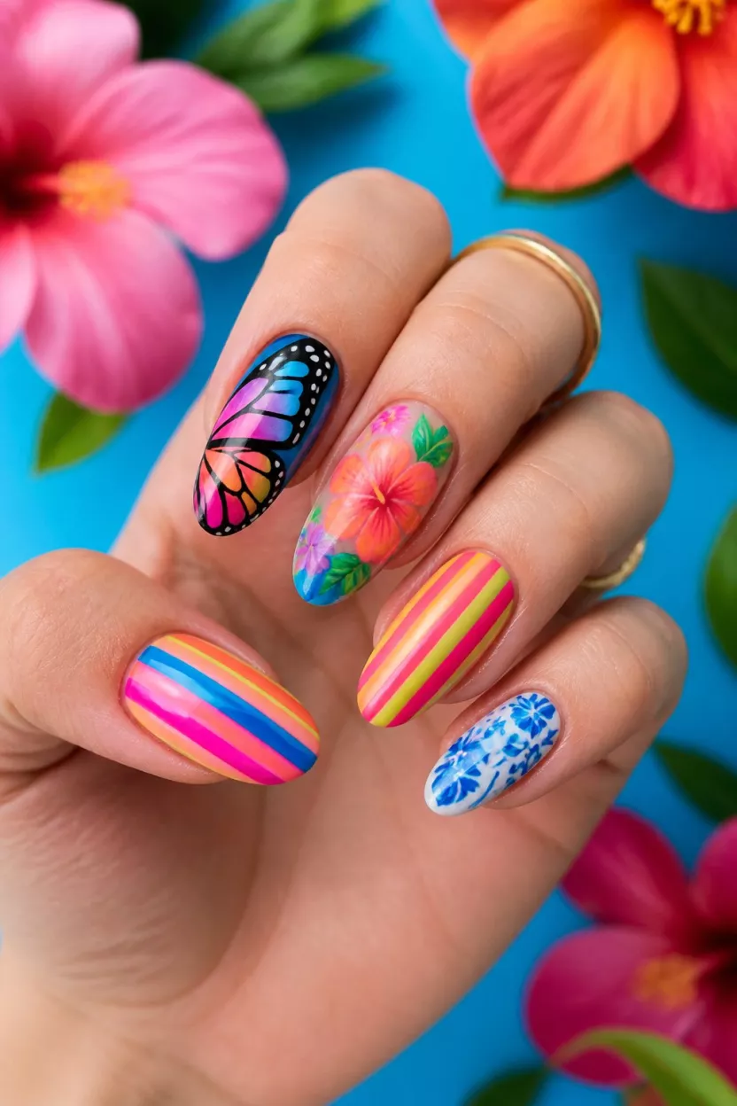 Neon Vibrancy And Hibiscus Blooms close-up shot of a woman’s hand with five fingers showing vibrant neon stripes, butterfly wings, hibiscus blooms, and blue floral art, on a bright colorful background.