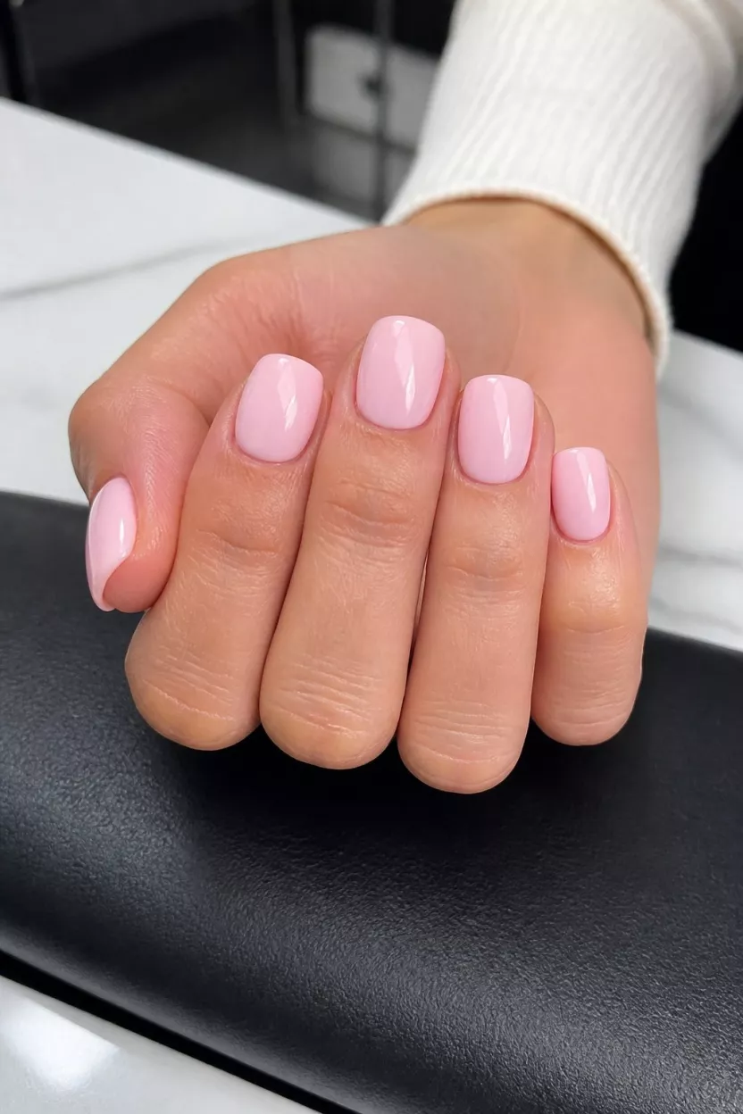Glossy Baby Pink Squares close-up shot of a woman’s hand with five fingers showing square/squoval nails coated in a solid, opaque baby pink color, showcasing a glossy finish, with the hands resting against dark and light surfaces in a salon setting.