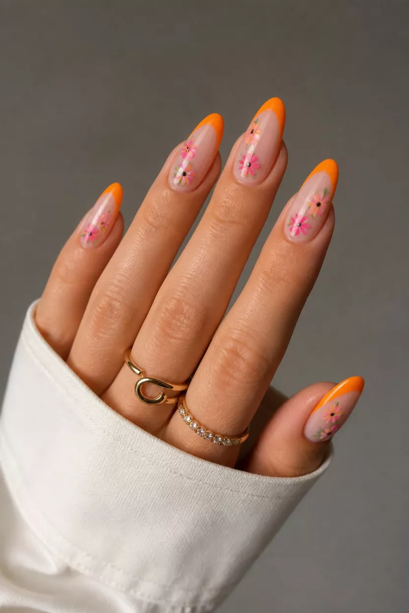 Orange Tips And Blooming Flowers close-up shot of a woman’s hand with five fingers showing almond nails with orange French tips and small pink and yellow blooming flowers on the clear base, over a neutral background.