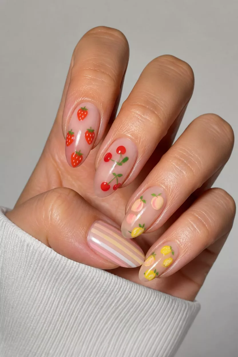 Playful Fruit And Summer Stripes close-up shot of a woman’s hand with five fingers showing long oval nails with strawberries, cherries, peaches, lemons, and pastel vertical stripes over nude bases, over a neutral light background.
