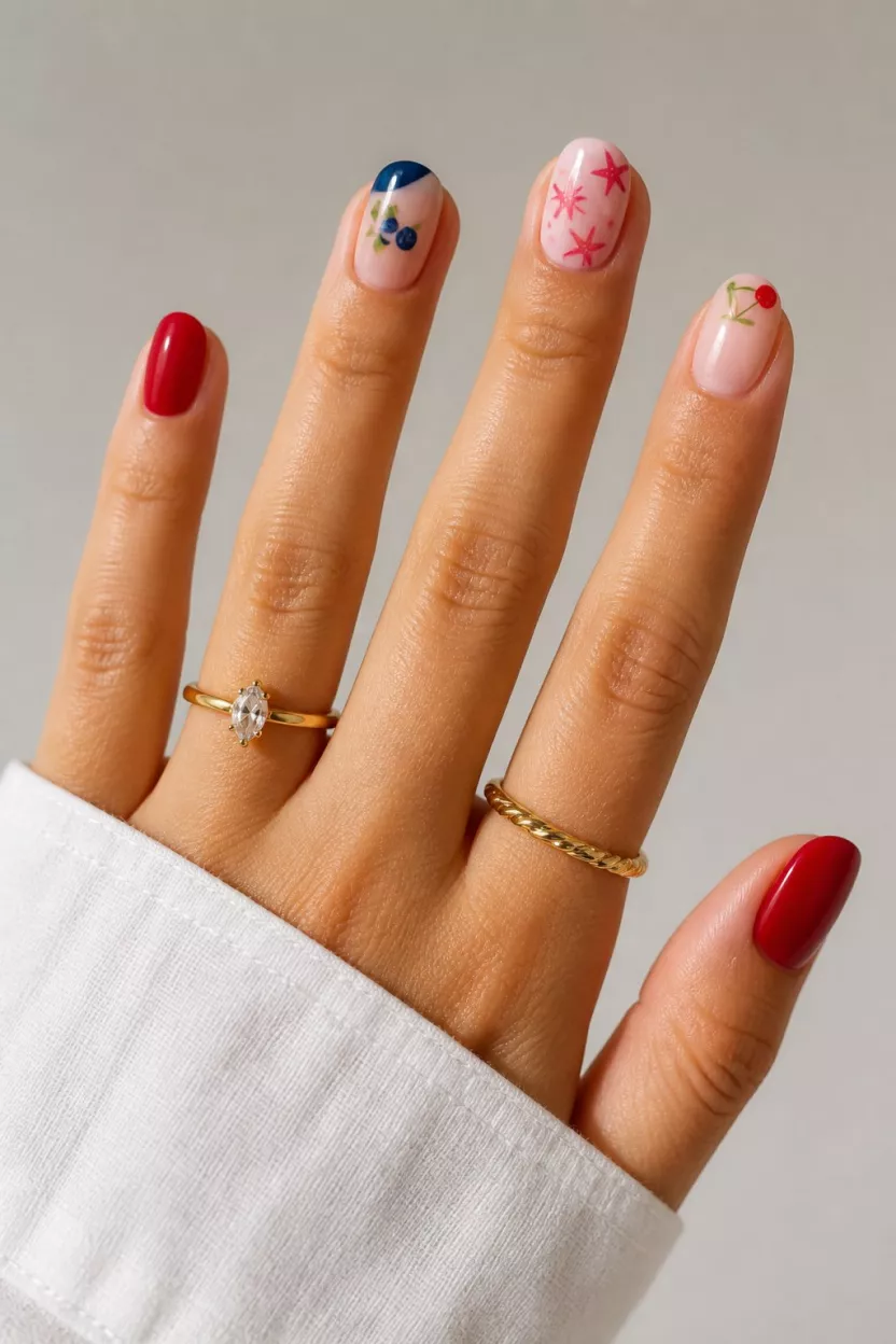 The Ultimate Holiday Collage close-up shot of a woman’s hand with five fingers showing various summer nail designs: red short nails, blueberry French tips, light pink with starfish, and cherry tips, on a light neutral background.