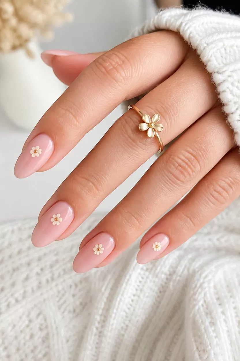 Soft Pink With Yellow Floral Accents close-up shot of a woman’s hand with five fingers showing almond-shaped nails painted a soft pink with a single, small yellow flower decal on each nail, gold flower ring on the finger against a white, cozy sweater and light background.