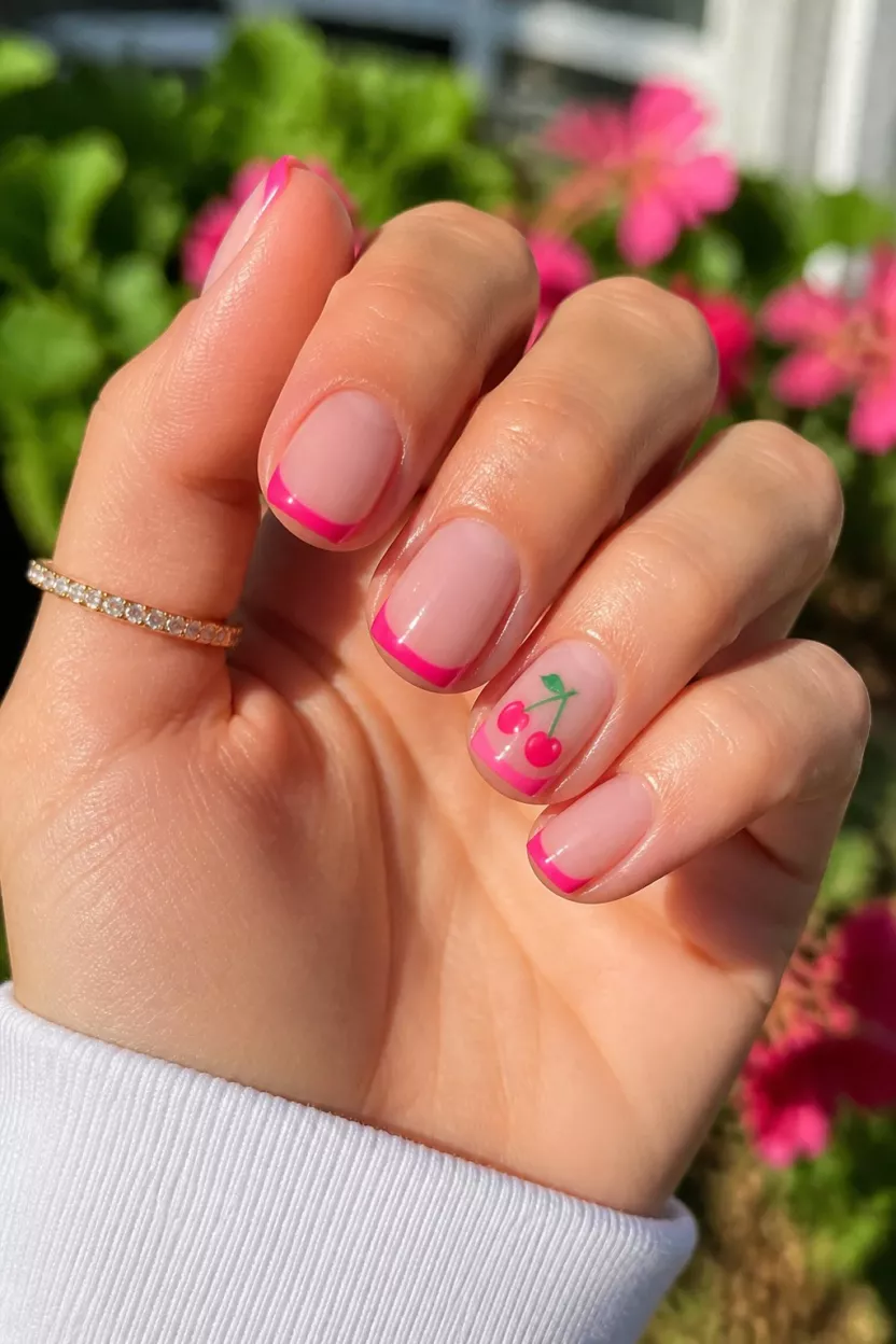 Hot Pink French Tips And Cherries close-up shot of a woman’s hand with five fingers showing short, squoval nails with bright hot pink French tips and one accent nail sporting a cute cherry design over a sheer base, outdoors in bright sunlight.