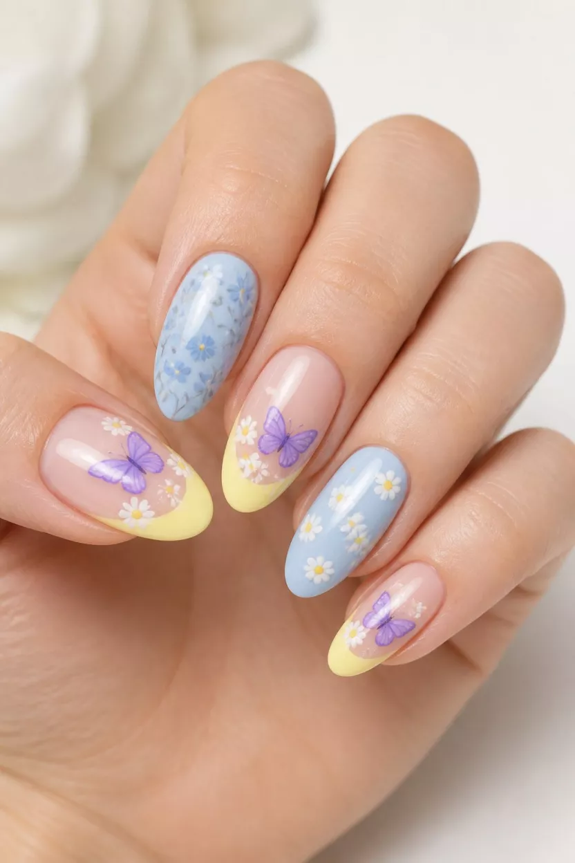 Blue Florals And Butterfly Dreams close-up shot of a woman’s hand with five fingers showing blue floral nails, yellow French tips with purple butterflies, and light blue with white daisy accents, over a soft light background.