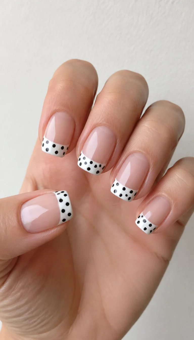 close-up shot of a woman’s hand with five fingers showing square nails with a French manicure base and black polka dots on white tips, plain light-colored wall background.