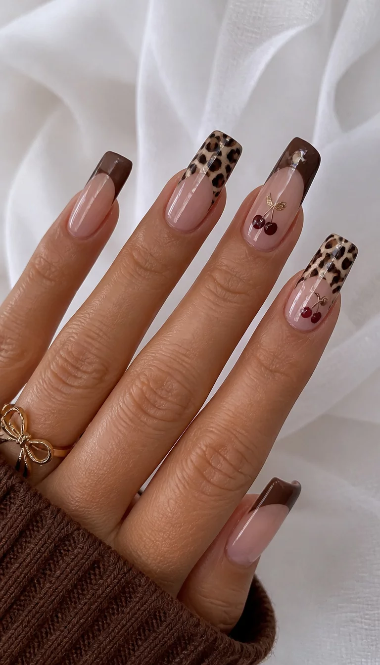 close-up shot of a woman’s hand with five fingers showing long square nails with dark brown French tips, cheetah print patterns, and small cherry designs, white sheer fabric background.