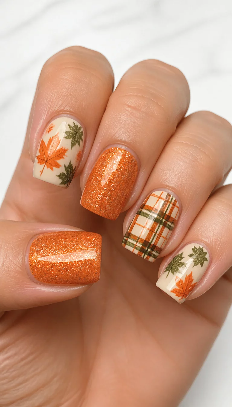 close-up shot of a woman’s hand with five fingers showing medium square nails with sparkling orange polish, leaf prints, and an orange and green plaid design, white surface background.