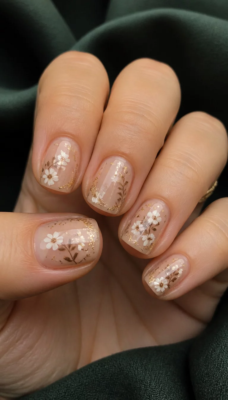 close-up shot of a woman’s hand with five fingers showing short square nails with a sheer base, delicate white and brown floral designs, and gold glitter highlights, dark green fabric background.