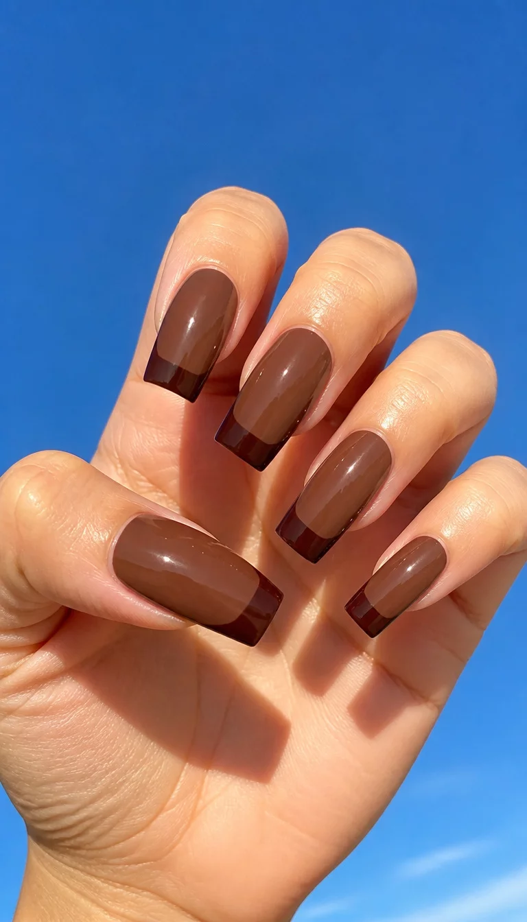 close-up shot of a woman’s hand with five fingers showing long square nails with dark brown French tips and solid chocolate brown polish, bright blue sky background.