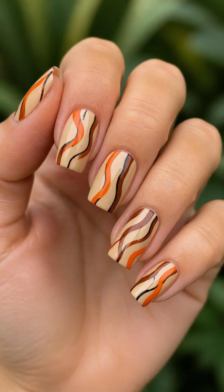 close-up shot of a woman’s hand with five fingers showing medium square nails with abstract orange, brown, and black stripes on a beige base, blurred greenery background.