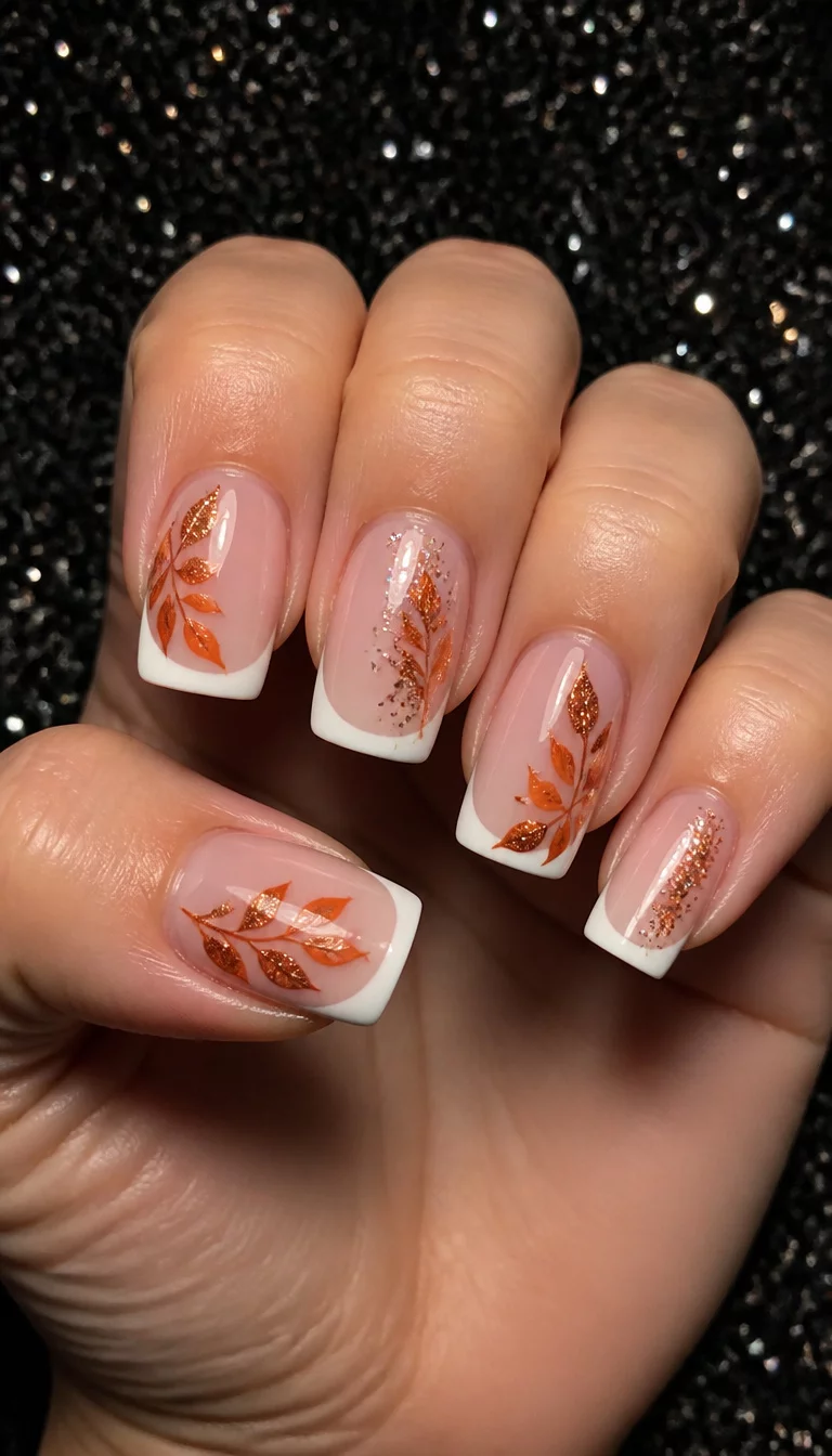close-up shot of a woman’s hand with five fingers showing square nails with a French manicure base, orange leaf designs, and glitter accents, sparkling black background.