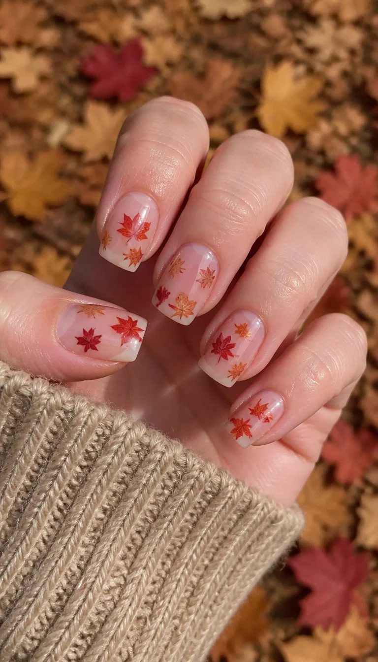close-up shot of a woman’s hand with five fingers showing square nails with a clear sheer base and scattered fall leaves in red and orange tones, natural outdoor setting with fallen leaves background.