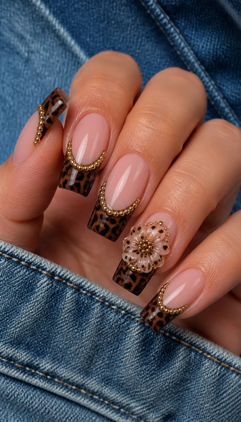 close-up shot of a woman’s hand with five fingers showing long square nails with cheetah print French tips, dark brown tips with gold studs, and a large 3D flower, denim fabric background.
