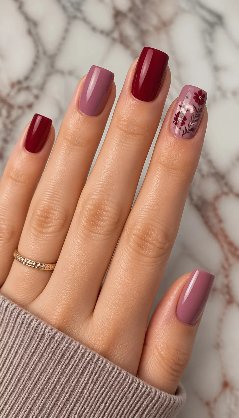 close-up shot of a woman’s hand with five fingers showing square nails with solid mauve and deep red polish, one nail featuring a delicate floral design, marbled surface background.