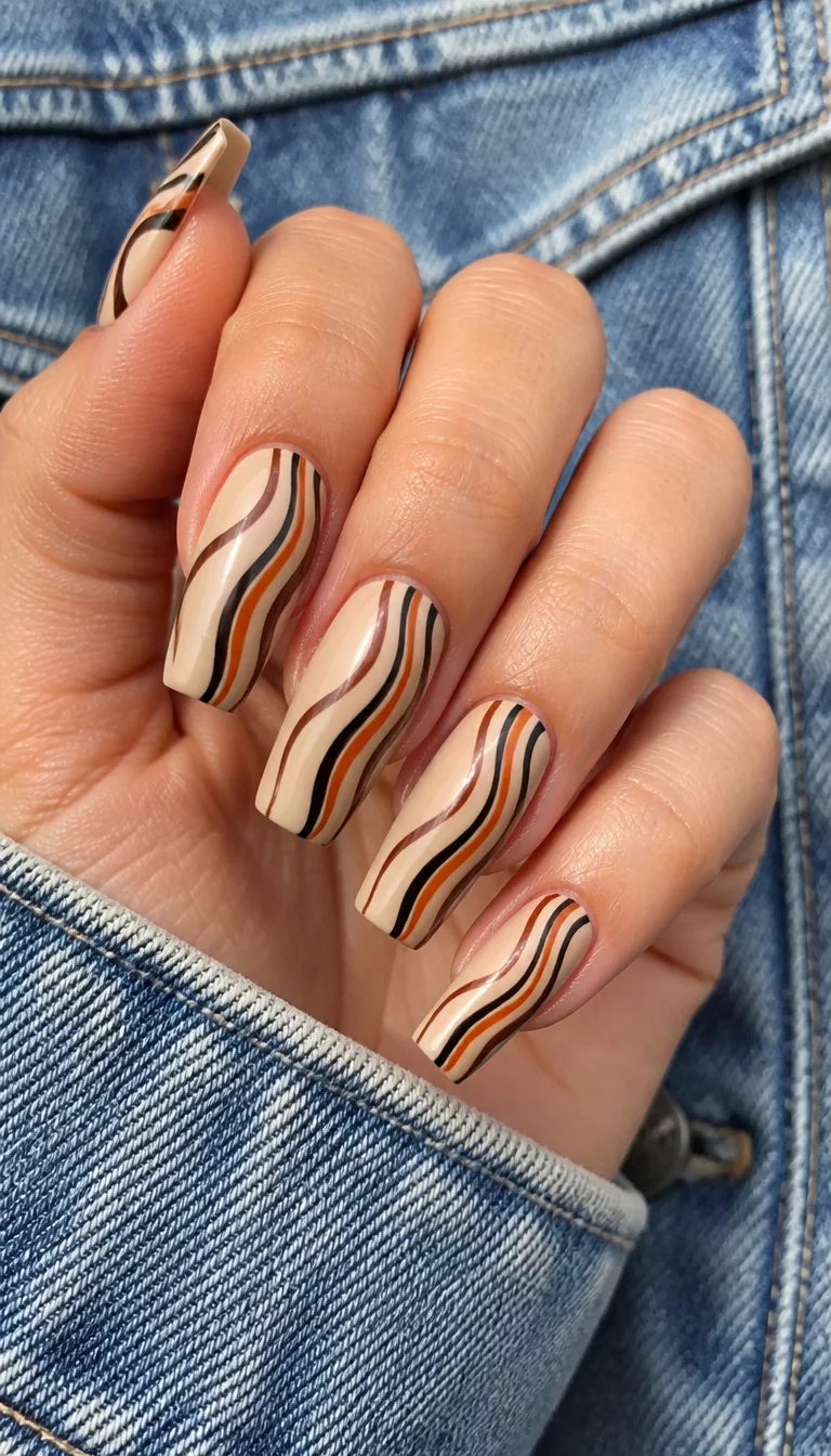 close-up shot of a woman’s hand with five fingers showing long square nails with a light beige base and flowing stripes in brown, orange, and black, denim jacket background.